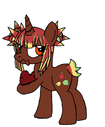 Size: 746x896 | Tagged: safe, artist:maremaxxer, oc, oc only, oc:pomm, pony, unicorn, apple, base used, brown coat, brown fur, buns, female, food, frown, green mane, holding something, mare, photo, red mane, side eye, simple background, solo, tied mane, tricolor mane, yellow mane