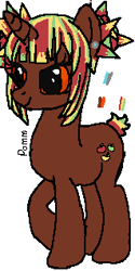 Size: 159x317 | Tagged: safe, artist:maremaxxer, oc, oc only, oc:pomm, pony, unicorn, amber eyes, apple cutie mark, base used, brown coat, brown fur, buns, diamond earring, ear piercing, ear stud, earring, female, green mane, hair bun, jewelry, mare, orange eyes, photo, piercing, pomm, red mane, reference sheet, short tail, silver earrings, simple background, small tail, solo, space buns, spiky mane, tricolor mane, yellow mane