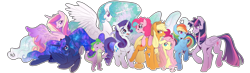 Size: 3712x1080 | Tagged: safe, artist:kag-bag, imported from derpibooru, applejack, fluttershy, pinkie pie, princess cadance, princess celestia, princess luna, rainbow dash, rarity, spike, twilight sparkle, alicorn, dragon, earth pony, pegasus, pony, unicorn, female, hat, horn, mane seven, mane six, mare, open mouth, outline, simple background, twilight sparkle (alicorn), white background