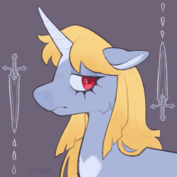 Size: 825x825 | Tagged: safe, artist:beyhr, imported from derpibooru, oc, oc only, oc:holy steel, pony, unicorn, cheek fluff, chest marking, coat markings, colored horn, colored pinnae, female, frown, heart shaped, horn, lidded eyes, mare, simple background, solo, sword, weapon