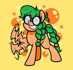 Size: 1000x950 | Tagged: safe, artist:paperbagpony, imported from derpibooru, oc, oc:morning mimosa, braces, braid, glasses, simple background, waving, yellow background
