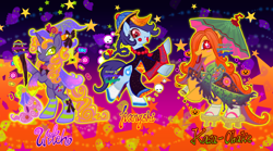 Size: 2048x1141 | Tagged: safe, artist:eyerealm, artist:junglicious64, imported from derpibooru, oc, oc only, oc:jiangshi, oc:kasa-obake, oc:witch, earth pony, ghost, ghost pony, original species, pony, spider, undead, unicorn, vampire, vampony, youkai, abstract background, accessory, adoptable, adoptable open, beads, beauty mark, big eyes, bloodshot eyes, blue coat, blushing, bow, braid, braided ponytail, broom, candy, cape, clothes, coat markings, collaboration, colored eyelashes, colored fetlocks, colored hooves, colored lineart, colored pupils, colorful, curly mane, curly tail, dirty hooves, ears, earth pony oc, ethereal mane, eyelashes, eyeshadow, eyestrain warning, fangs, female, food, for sale, frilly socks, geta, glowing, glowing mane, glowing outline, glowing tail, gradient background, gradient legs, gradient mane, gradient tail, green eyelashes, green hooves, green pupils, hair accessory, hair bow, halloween, hat, holiday, hoof hold, hoof shoes, hooves, horn, jewelry, jiangshi, kasa-obake, kimono (clothing), leg markings, light blue coat, long mane, long tail, long tongue, looking away, looking back, looking down, looking up, makeup, mane accessory, mare, necklace, one eye closed, open mouth, open smile, orange coat, orange mane, orange tail, outline, paper talisman, pink mane, pink sclera, pink tail, ponytail, profile, purple coat, purple eyeshadow, purple mane, purple pupils, purple tail, raised hoof, raised hooves, rearing, red bow, red eyelashes, red pupils, robe, running makeup, sandals, sash, shoes, signature, skull, smiling, socks, socks with sandals, sparkles, sparkly eyes, sparkly mane, sparkly tail, spider web, standing, standing on one leg, starry eyes, starry mane, starry tail, stars, striped socks, swirls, swirly markings, tail, talisman, three quarter view, tied mane, tongue out, torn clothes, trio, trio female, two toned eyes, umbrella, unicorn horn, unicorn oc, unshorn fetlocks, wagasa, wall of tags, wingding eyes, wink, witch, witch hat, witch pony, yellow eyes
