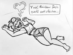 Size: 1024x769 | Tagged: safe, artist:pablosjuarez, imported from derpibooru, rainbow dash, human, barefoot, breasts, eyes closed, feet, female, grayscale, heart, humanized, lying down, monochrome, on back, open mouth, open smile, pencil drawing, smiling, solo, spanish, text box, traditional art, wide hips