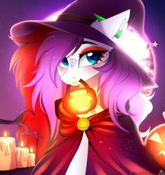 Size: 4087x4307 | Tagged: safe, artist:2pandita, imported from derpibooru, oc, oc only, pony, candle, hat, moon, mouth hold, night, outdoors, pumpkin bucket, solo, witch hat