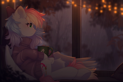 Size: 3000x2000 | Tagged: safe, artist:floweryoutoday, imported from derpibooru, oc, oc:blazey sketch, pegasus, autumn, bow, clothes, cup, detailed background, fairy lights, hair bow, pegasus oc, pillow, rain, solo, sweater, wings