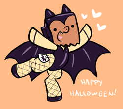 Size: 900x800 | Tagged: safe, artist:paperbagpony, imported from derpibooru, oc, oc:paper bag, clothes, costume, fake cutie mark, fake wings, fangs, fishnet clothing, fishnets, halloween, halloween costume, holiday, socks, stockings, thigh highs