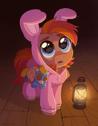 Size: 1592x2048 | Tagged: safe, artist:skysorbett, imported from derpibooru, oc, oc only, oc:coma, pegasus, pony, animal costume, big eyes, bunny costume, bunny ears, clothes, colt, costume, cute, doll, foal, kigurumi, lamp, lantern, male, onesie, open mouth, pajamas, pegasus oc, solo, toy, wing hold, wings