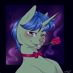 Size: 1000x1000 | Tagged: safe, artist:cnmzy, imported from derpibooru, glitter drops, oc, oc only, pony, unicorn, blue hair, blushing, bow, commission, flower, green eyes, horn, male, pink bow, rose, short hair, solo, space, unicorn oc, ych result