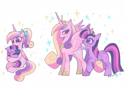 Size: 2048x1428 | Tagged: source needed, safe, artist:petaltwinkle, imported from derpibooru, princess cadance, twilight sparkle, alicorn, crown, duo, duo female, fanart, female, height difference, jewelry, regalia, twilight sparkle (alicorn), younger