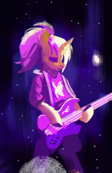 Size: 1500x2312 | Tagged: safe, artist:hierozaki, imported from derpibooru, oc, oc only, semi-anthro, unicorn, commission, dexterous hooves, electric guitar, eyes closed, guitar, horn, musical instrument, ponytail, solo, space