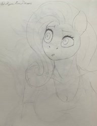 Size: 1574x2048 | Tagged: safe, artist:ryanmandraws, imported from derpibooru, fluttershy, anthro, pegasus, big breasts, breasts, bust, busty fluttershy, cleavage, eyebrows, female, grayscale, looking offscreen, mare, monochrome, pencil drawing, raised eyebrow, signature, solo, traditional art