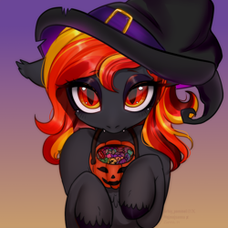 Size: 3000x3000 | Tagged: safe, artist:mojmojsanna, imported from derpibooru, oc, oc only, oc:spirit harvest, hybrid, pony, chest fluff, commission, cute, ear fluff, fangs, female, gradient background, halloween, hat, holiday, hooves, mare, pumpkin bucket, solo, witch hat, ych result