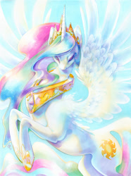 Size: 895x1200 | Tagged: safe, artist:fleebites, imported from derpibooru, princess celestia, alicorn, pony, collar, crown, eyes closed, female, jewelry, mare, necklace, regalia, solo, traditional art