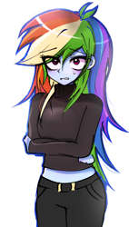 Size: 1250x2200 | Tagged: safe, artist:pulse, imported from derpibooru, rainbow dash, human, equestria girls, arm under breasts, blushing, clothes, crossed arms, embarrassed, eye clipping through hair, female, looking at you, midriff, pants, simple background, solo, sweat, sweatdrop, sweater, turtleneck, white background