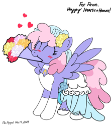 Size: 906x1014 | Tagged: safe, artist:an appul, imported from derpibooru, rainbowshine, pegasus, pony, blushing, bouquet, clothes, dress, female, flower, flower in hair, heart, mare, mouth hold, solo, wedding dress