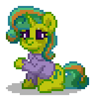 Size: 192x204 | Tagged: safe, imported from derpibooru, oc, oc only, oc:greennote, pony, unicorn, pony town, clothes, digital art, female, green coat, green hair, green mane, green tail, horn, mare, pixel art, purple eyes, raised hoof, shirt, simple background, sitting, solo, tail, transparent background, unicorn oc