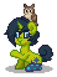 Size: 184x248 | Tagged: safe, imported from derpibooru, oc, oc only, oc:aurora glare, bird, owl, pony, unicorn, pony town, blue eyes, blue hair, blue mane, blue tail, cross-eyed, digital art, female, green coat, horn, mare, pixel art, raised hoof, simple background, sitting, sock, solo, tail, transparent background, unicorn oc