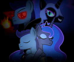 Size: 2400x2000 | Tagged: safe, artist:starless, derpibooru exclusive, imported from derpibooru, nightmare moon, princess luna, oc, oc:starless, cloak, clothes, eyes closed, glowing, glowing eyes, hug, mlp fim's fourteenth anniversary, red eyes