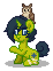 Size: 184x248 | Tagged: safe, imported from derpibooru, oc, oc only, oc:aurora glare, bird, owl, pony, unicorn, pony town, blue eyes, blue hair, blue mane, blue tail, cross-eyed, digital art, female, green coat, horn, leg scar, mare, pixel art, raised hoof, scar, simple background, sitting, solo, tail, transparent background, unicorn oc