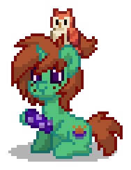 Size: 188x244 | Tagged: safe, imported from derpibooru, oc, oc only, oc:gloaming ray, bird, owl, pony, unicorn, pony town, brown hair, brown mane, brown tail, digital art, freckles, green coat, horn, male, pixel art, ponytail, purple eyes, raised hoof, simple background, sitting, sock, solo, stallion, tail, transparent background, unicorn oc