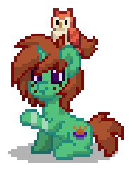 Size: 188x244 | Tagged: safe, imported from derpibooru, oc, oc only, oc:gloaming ray, bird, owl, pony, unicorn, pony town, brown hair, brown mane, brown tail, digital art, freckles, green coat, horn, leg scar, male, pixel art, ponytail, purple eyes, raised hoof, scar, simple background, sitting, solo, stallion, tail, transparent background, unicorn oc