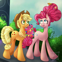 Size: 827x827 | Tagged: safe, artist:pepinosolar, imported from derpibooru, applejack, pinkie pie, earth pony, deviantart watermark, duo, duo female, female, obtrusive watermark, watermark