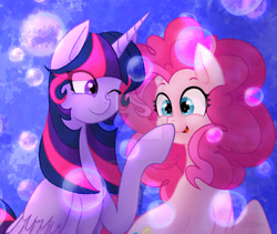 Size: 900x761 | Tagged: safe, artist:pepinosolar, imported from derpibooru, pinkie pie, twilight sparkle, alicorn, bubble, duo, duo female, female, lesbian, shipping, twilight sparkle (alicorn), twinkie