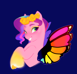 Size: 1410x1351 | Tagged: safe, artist:aztrial, imported from derpibooru, pipp petals, pegasus, pony, adorapipp, blue background, blushing, bridlewoodstock (make your mark), butterfly wings, colored wings, cute, dark blue background, female, floral head wreath, flower, g5, grin, lidded eyes, mare, multicolored wings, my little pony: make your mark, my little pony: make your mark chapter 4, rainbow wings, simple background, smiling, solo, unitober 2024, wings