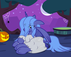 Size: 2500x2000 | Tagged: safe, alternate version, artist:zeka10000, imported from derpibooru, princess luna, alicorn, spider, both cutie marks, butt, clothes, cosplay, costume, dock, eye clipping through hair, female, halloween, halloween costume, high res, holiday, jack-o-lantern, looking at you, lying down, mare, mlp fim's fourteenth anniversary, moon, night, night sky, nightmare night, on side, ponyville, pumpkin, s1 luna, sadako, samara, samara morgan, scenery, sky, spider web, spread wings, stars, tail, tree, underhoof, vector, wings