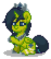 Size: 282x324 | Tagged: safe, imported from derpibooru, oc, oc only, oc:aurora glare, alicorn, pony, pony town, alicorn oc, blue eyes, blue hair, blue mane, blue tail, clothes, crown, digital art, female, green coat, horn, jewelry, leg scar, mare, pixel art, raised hoof, regalia, scar, shoes, simple background, sitting, solo, tail, transparent background, wings