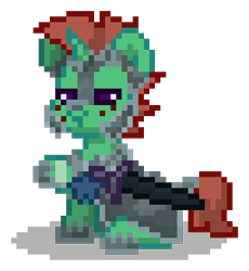 Size: 270x294 | Tagged: safe, imported from derpibooru, oc, oc only, oc:gloaming ray, pony, unicorn, pony town, armor, brown hair, brown mane, brown tail, digital art, freckles, green coat, horn, male, pixel art, purple eyes, raised hoof, royal guard, simple background, sitting, solo, stallion, sword, tail, transparent background, unicorn oc, weapon