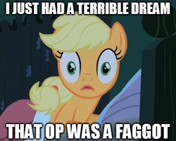 Size: 490x392 | Tagged: safe, edit, edited screencap, imported from derpibooru, screencap, applejack, earth pony, pony, the cutie pox, caption, dialogue, faggot, female, image macro, mare, meme, reaction image, slur, solo, text, vulgar