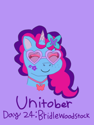 Size: 1080x1440 | Tagged: safe, artist:shucku, imported from derpibooru, pony, unicorn, alternate hair color, bridlewoodstock, eyeshadow, face paint, female, flower, flower in hair, g5, glasses, horn, jewelry, makeup, mare, misty brightdawn, necklace, rebirth misty, simple background, solo, sunglasses, unitober 2024