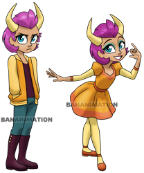 Size: 1280x1541 | Tagged: safe, artist:bananimationofficial, imported from derpibooru, smolder, human, clothes, dress, hand in pocket, horn, horned humanization, horns, humanized, signature, simple background, smolder also dresses in style, solo, transparent background