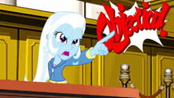 Size: 1280x720 | Tagged: safe, artist:ytpinkiepie2, imported from derpibooru, trixie, human, equestria girls, ace attorney, angry, courtroom, female, finger pointing, objection, phoenix wright, pointing