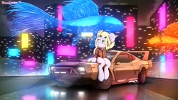 Size: 2048x1152 | Tagged: safe, artist:perezadotarts, oc, oc only, pony, car, clothes, lights, male, rave, sitting, solo, stallion