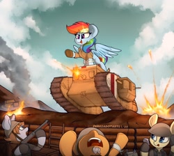 Size: 2048x1838 | Tagged: safe, artist:perezadotarts, rainbow dash, oc, oc only, pony, boots, female, fire, gun, helmet, mare, shoes, solo, tank (vehicle), war, weapon