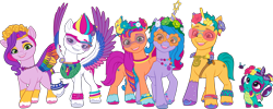 Size: 10169x4072 | Tagged: safe, imported from derpibooru, hitch trailblazer, izzy moonbow, pipp petals, sunny starscout, zipp storm, dragon, earth pony, pegasus, pony, unicorn, bridlewoodstock, bridlewoodstock (make your mark), female, g5, g5 brand assets, horn, male, mane five, mare, my little pony: make your mark, my little pony: make your mark chapter 4, official, royal sisters (g5), siblings, simple background, sisters, sparky sparkeroni, stallion, transparent background