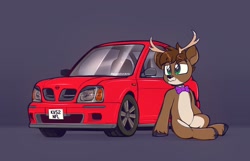 Size: 2048x1317 | Tagged: safe, artist:perezadotarts, oc, oc only, deer, deer pony, original species, pony, bowtie, car, female, mare, nissan, nissan pulsar, sitting, solo