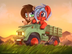 Size: 2048x1542 | Tagged: safe, artist:perezadotarts, oc, oc only, pony, driving, duo, duo female, female, grass, happy, looking at you, mare, mercedes-benz, open mouth, sunset, truck, wave