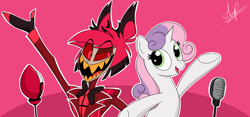 Size: 3200x1500 | Tagged: safe, artist:aldaplayer, imported from derpibooru, sweetie belle, demon, pony, unicorn, alastor, crossover, duo, duo male and female, female, hazbin hotel, hellaverse, horn, male, microphone, open mouth, open smile, sinner demon, smiling