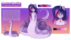 Size: 2900x1630 | Tagged: safe, artist:madelinne, imported from derpibooru, oc, oc only, oc:nostra sparkly, lamia, original species, snake, unicorn, female, horn, mare, reference sheet, solo