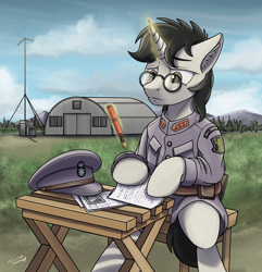 Size: 3436x3566 | Tagged: safe, artist:buckweiser, imported from derpibooru, oc, oc:page turner, unicorn, equestria at war mod, clothes, fountain pen, horn, letter, magic, parker duofold, pen, sad, telekinesis, unicorn oc, uniform, uniform hat