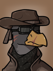 Size: 540x720 | Tagged: safe, artist:blakasmoko, imported from derpibooru, oc, griffon, equestria at war mod, bounty hunter, bust, cowboy hat, duster, goggles, griffon oc, hat, portrait, scar