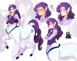 Size: 2048x1623 | Tagged: safe, artist:inkrred, imported from derpibooru, rarity, centaur, human, centaurified, crossed arms, crying, darling, elf ears, female, horn, horned humanization, huff, humanized, light skin, raised hoof, sad, simple background, smiling, solo, species swap, white background, zoom layer