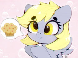 Size: 4000x3000 | Tagged: safe, artist:zokkili, imported from derpibooru, derpy hooves, pegasus, pony, beanbrows, bubble, cute, derp, derpabetes, eye clipping through hair, eyebrows, eyebrows visible through hair, female, food, high res, mare, muffin, pictogram, signature, solo, sparkles, sparkly eyes, speech bubble, spread wings, wingding eyes, wings