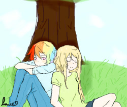 Size: 500x424 | Tagged: safe, artist:lumie27, imported from derpibooru, applejack, rainbow dash, human, appledash, duo, duo female, female, humanized, lesbian, shipping, tree