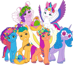 Size: 7105x6335 | Tagged: safe, imported from derpibooru, hitch trailblazer, izzy moonbow, pipp petals, sunny starscout, zipp storm, alicorn, earth pony, pegasus, pony, unicorn, .ai available, applejack (g5), artificial horn, artificial wings, augmented, colored wings, female, fluttershy (g5), flying, g5, g5 brand assets, group, horn, magic, magic horn, magic wings, male, mane five, mane six (g5), mane stripe sunny, mare, misty brightdawn, multicolored wings, my little pony: make your mark, official, pinkie pie (g5), race swap, rainbow dash (g5), rarity (g5), rebirth misty, royal sisters (g5), sextet, siblings, simple background, sisters, spread wings, stallion, sunnycorn, transparent background, twilight sparkle (g5), vector, wings