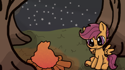 Size: 1920x1080 | Tagged: safe, artist:background_pon3, imported from derpibooru, scootaloo, pegasus, pony, campfire, cute, cutie mark, female, filly, fire, foal, forest, moon, nature, night, shading, solo, stars, tree, wings