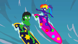 Size: 3497x1968 | Tagged: safe, artist:star-armour95, imported from derpibooru, human, equestria girls, bikini, clothes, female, male, ocean, surfboard, surfing, swimming trunks, swimsuit, water, wave